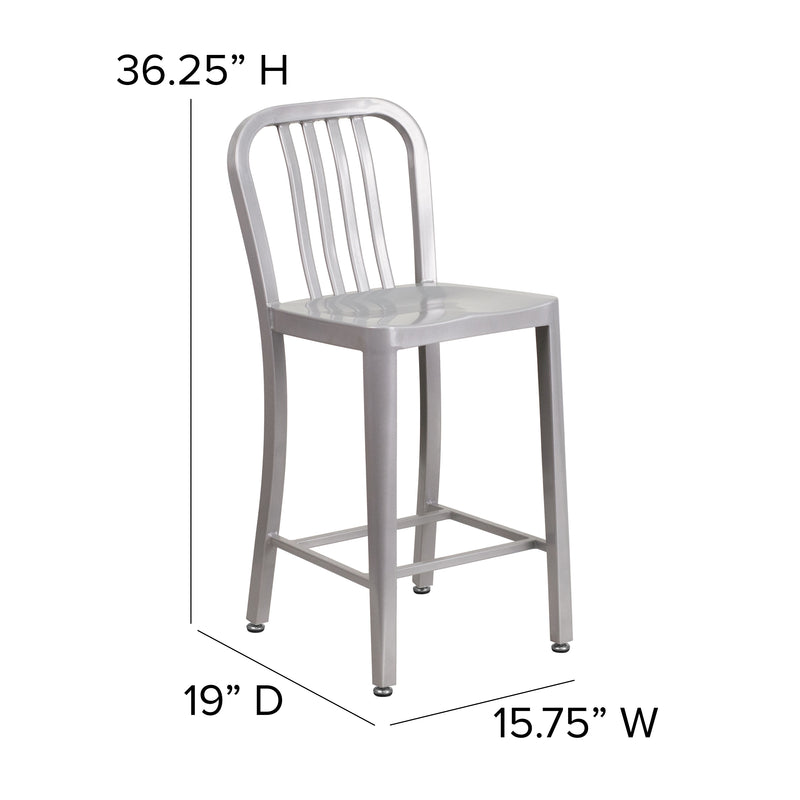 Commercial Grade 24" High Silver Metal Indoor-Outdoor Counter Height Stool with Vertical Slat Back