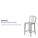Commercial Grade 24" High Silver Metal Indoor-Outdoor Counter Height Stool with Vertical Slat Back