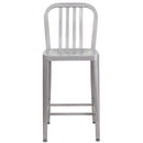 Commercial Grade 24" High Silver Metal Indoor-Outdoor Counter Height Stool with Vertical Slat Back