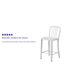 Commercial Grade 24" High White Metal Indoor-Outdoor Counter Height Stool with Vertical Slat Back
