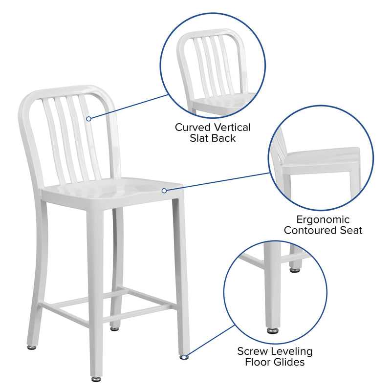 Commercial Grade 24" High White Metal Indoor-Outdoor Counter Height Stool with Vertical Slat Back