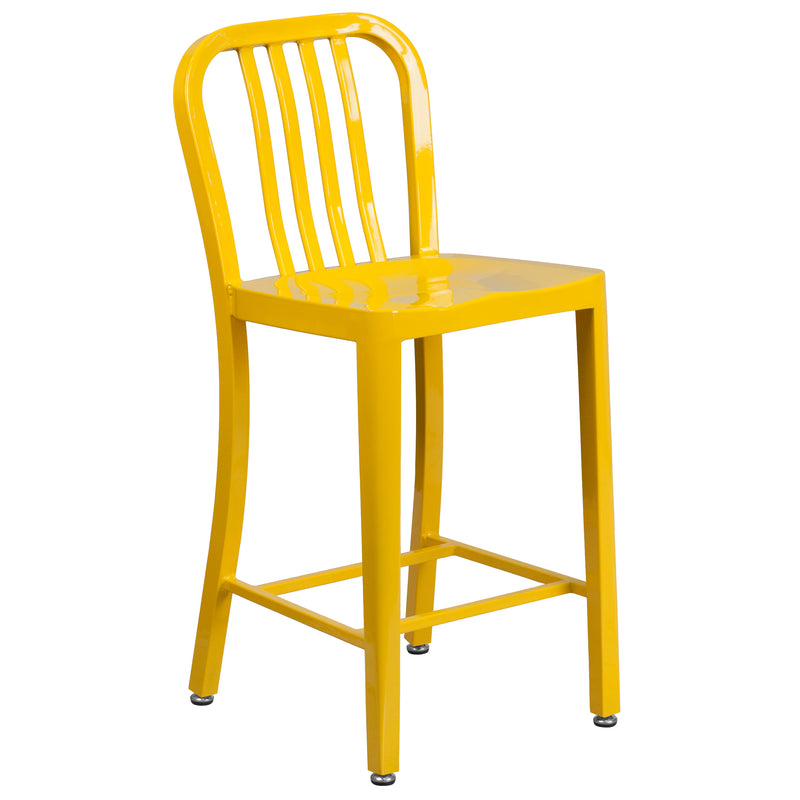 Commercial Grade 24" High Yellow Metal Indoor-Outdoor Counter Height Stool with Vertical Slat Back