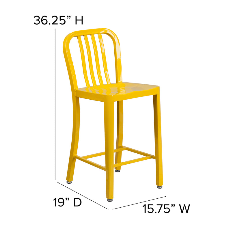 Commercial Grade 24" High Yellow Metal Indoor-Outdoor Counter Height Stool with Vertical Slat Back