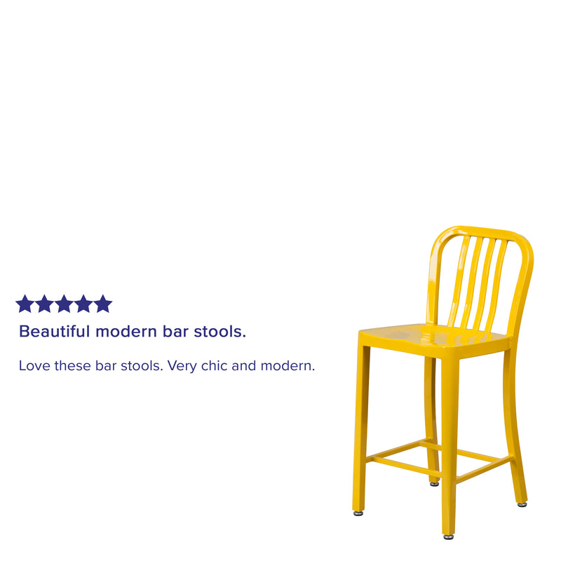 Commercial Grade 24" High Yellow Metal Indoor-Outdoor Counter Height Stool with Vertical Slat Back