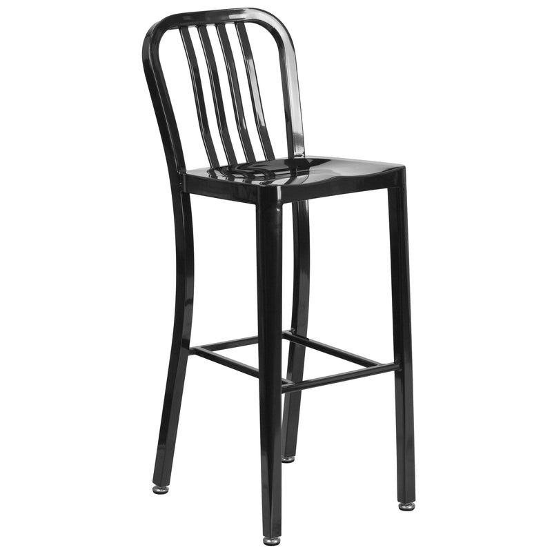 Commercial Grade 30" High Black Metal Indoor-Outdoor Barstool with Vertical Slat Back