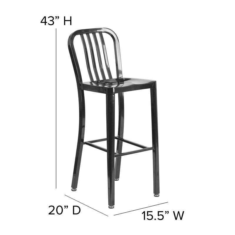 Commercial Grade 30" High Black Metal Indoor-Outdoor Barstool with Vertical Slat Back