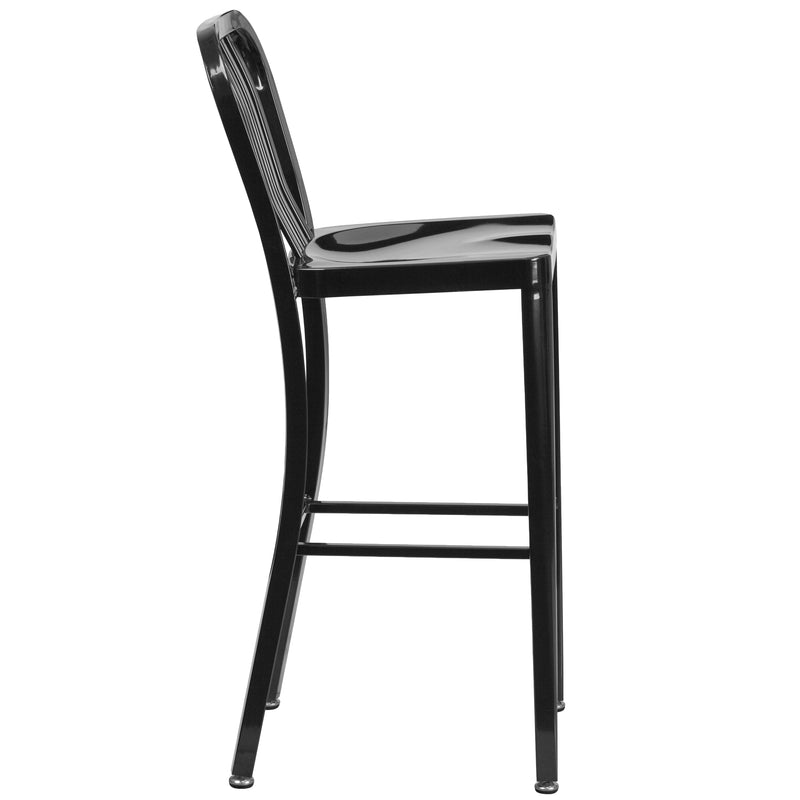 Commercial Grade 30" High Black Metal Indoor-Outdoor Barstool with Vertical Slat Back