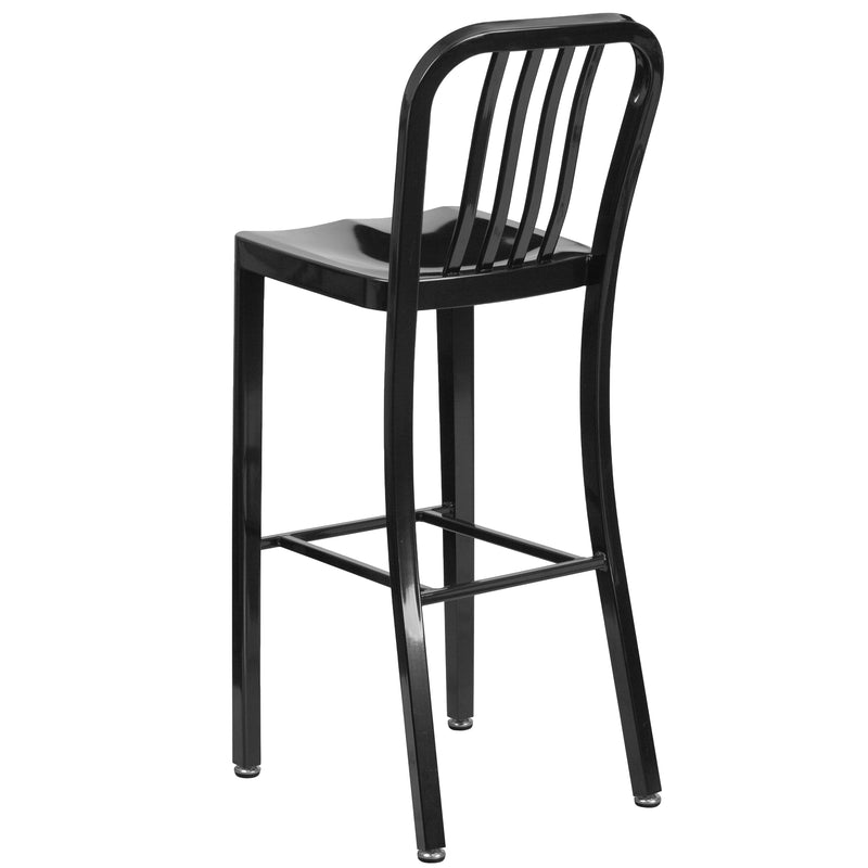 Commercial Grade 30" High Black Metal Indoor-Outdoor Barstool with Vertical Slat Back