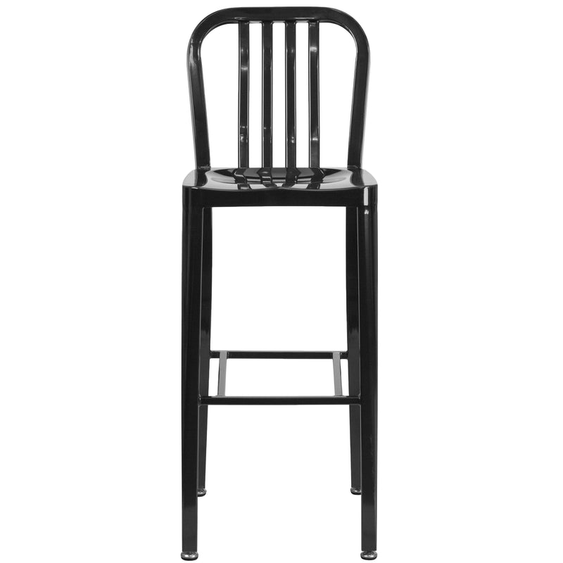 Commercial Grade 30" High Black Metal Indoor-Outdoor Barstool with Vertical Slat Back