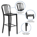 Commercial Grade 30" High Black Metal Indoor-Outdoor Barstool with Vertical Slat Back
