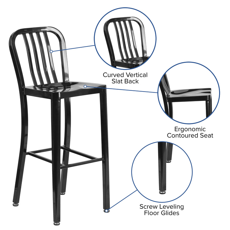 Commercial Grade 30" High Black Metal Indoor-Outdoor Barstool with Vertical Slat Back