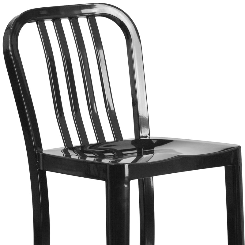 Commercial Grade 30" High Black Metal Indoor-Outdoor Barstool with Vertical Slat Back