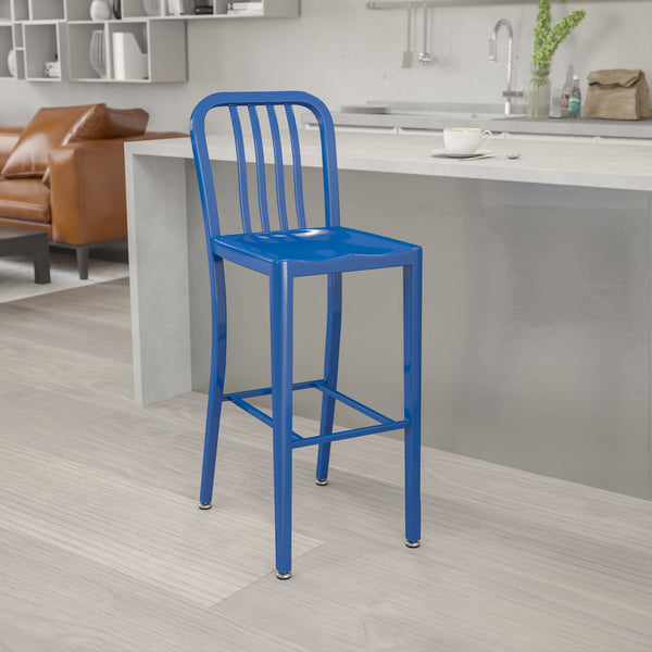 Commercial Grade 30" High Blue Metal Indoor-Outdoor Barstool with Vertical Slat Back