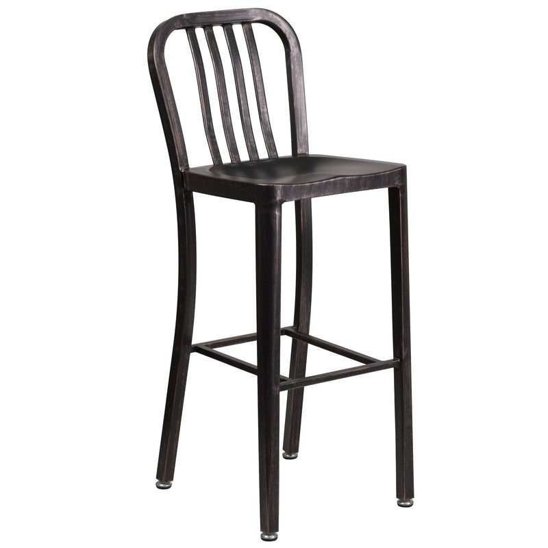 Commercial Grade 30" High Black-Antique Gold Metal Indoor-Outdoor Barstool with Vertical Slat Back