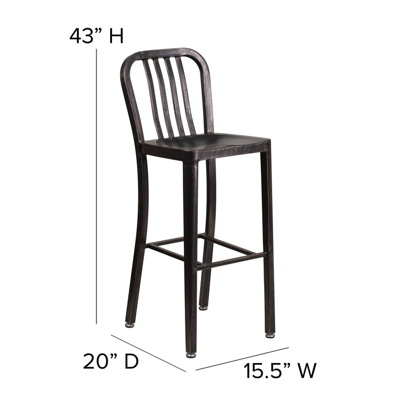 Commercial Grade 30" High Black-Antique Gold Metal Indoor-Outdoor Barstool with Vertical Slat Back