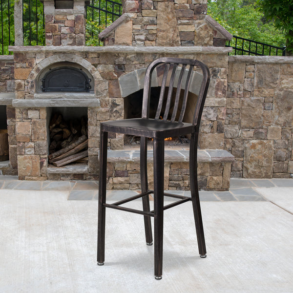 Commercial Grade 30" High Black-Antique Gold Metal Indoor-Outdoor Barstool with Vertical Slat Back