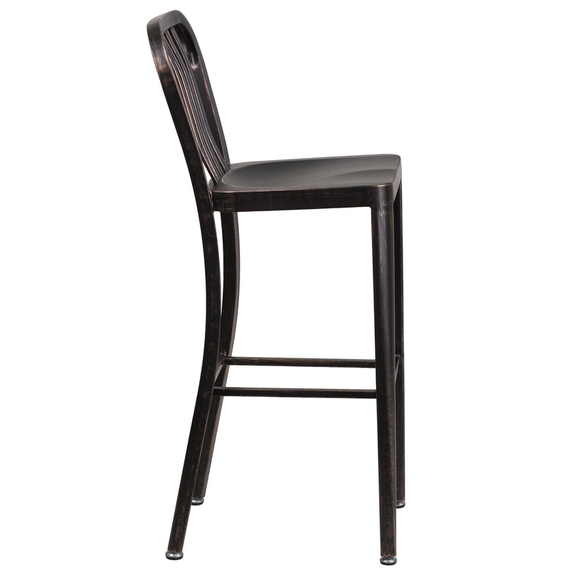 Commercial Grade 30" High Black-Antique Gold Metal Indoor-Outdoor Barstool with Vertical Slat Back