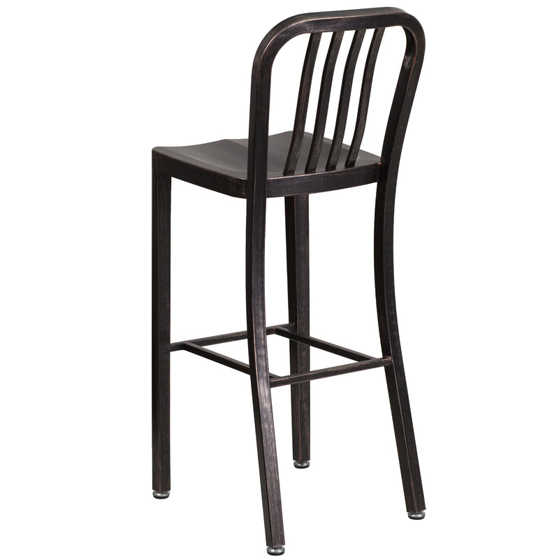 Commercial Grade 30" High Black-Antique Gold Metal Indoor-Outdoor Barstool with Vertical Slat Back