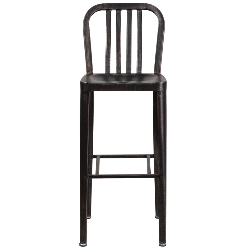 Commercial Grade 30" High Black-Antique Gold Metal Indoor-Outdoor Barstool with Vertical Slat Back