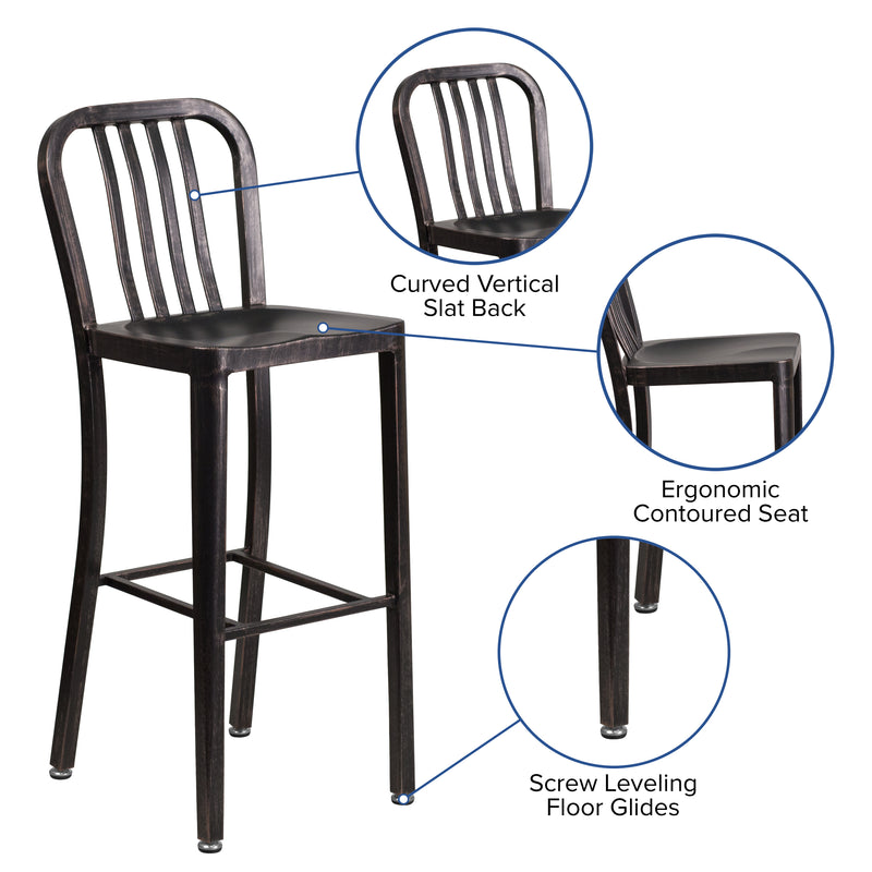 Commercial Grade 30" High Black-Antique Gold Metal Indoor-Outdoor Barstool with Vertical Slat Back