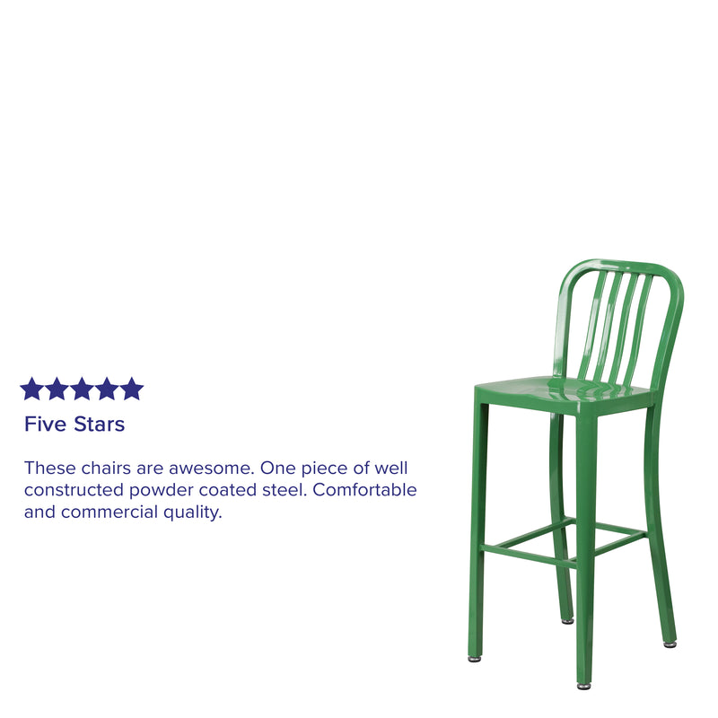 Commercial Grade 30" High Green Metal Indoor-Outdoor Barstool with Vertical Slat Back