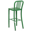 Commercial Grade 30" High Green Metal Indoor-Outdoor Barstool with Vertical Slat Back