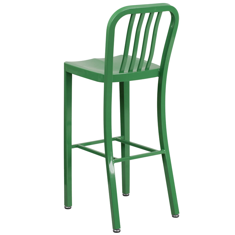 Commercial Grade 30" High Green Metal Indoor-Outdoor Barstool with Vertical Slat Back