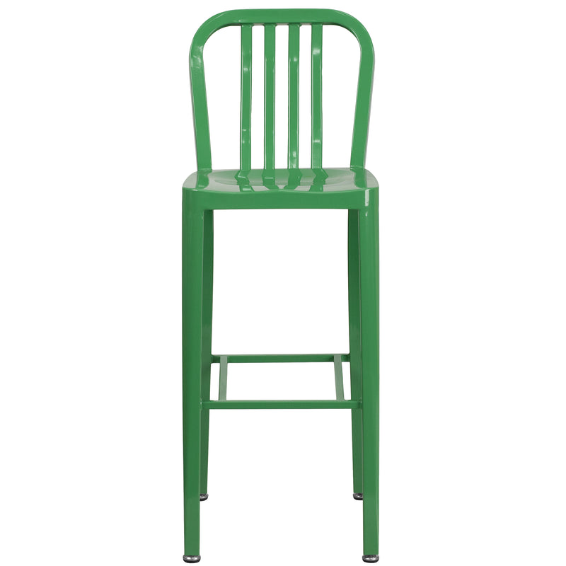 Commercial Grade 30" High Green Metal Indoor-Outdoor Barstool with Vertical Slat Back