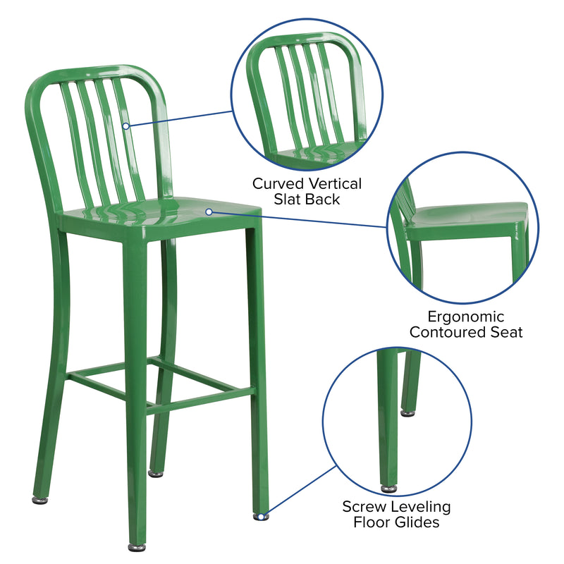 Commercial Grade 30" High Green Metal Indoor-Outdoor Barstool with Vertical Slat Back