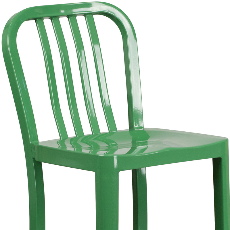 Commercial Grade 30" High Green Metal Indoor-Outdoor Barstool with Vertical Slat Back