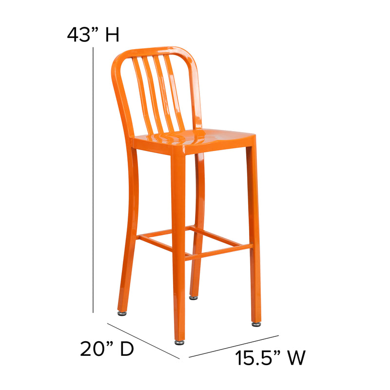 Commercial Grade 30" High Orange Metal Indoor-Outdoor Barstool with Vertical Slat Back