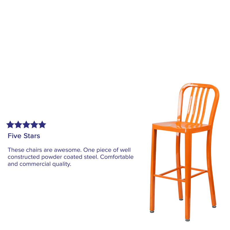 Commercial Grade 30" High Orange Metal Indoor-Outdoor Barstool with Vertical Slat Back