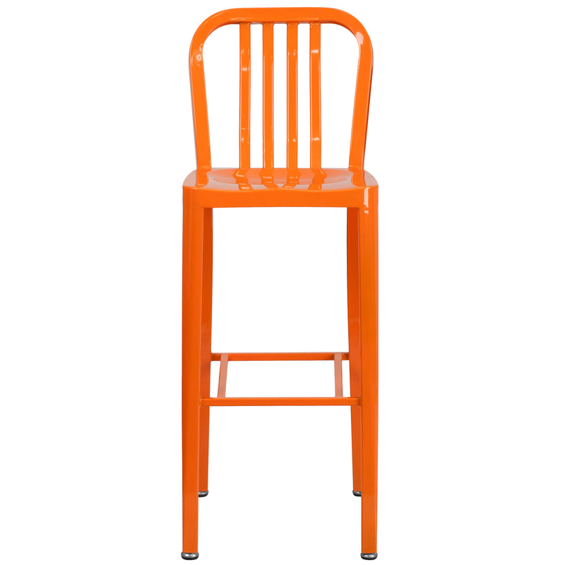 Commercial Grade 30" High Orange Metal Indoor-Outdoor Barstool with Vertical Slat Back