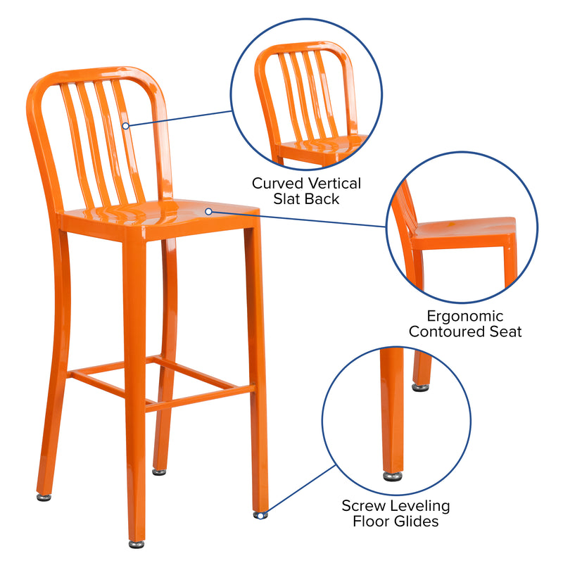 Commercial Grade 30" High Orange Metal Indoor-Outdoor Barstool with Vertical Slat Back