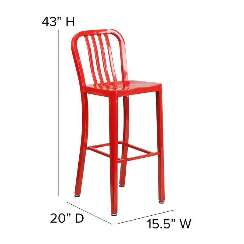 Commercial Grade 30" High Red Metal Indoor-Outdoor Barstool with Vertical Slat Back