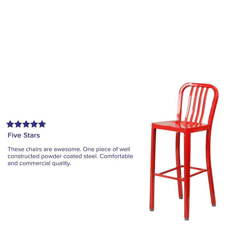 Commercial Grade 30" High Red Metal Indoor-Outdoor Barstool with Vertical Slat Back