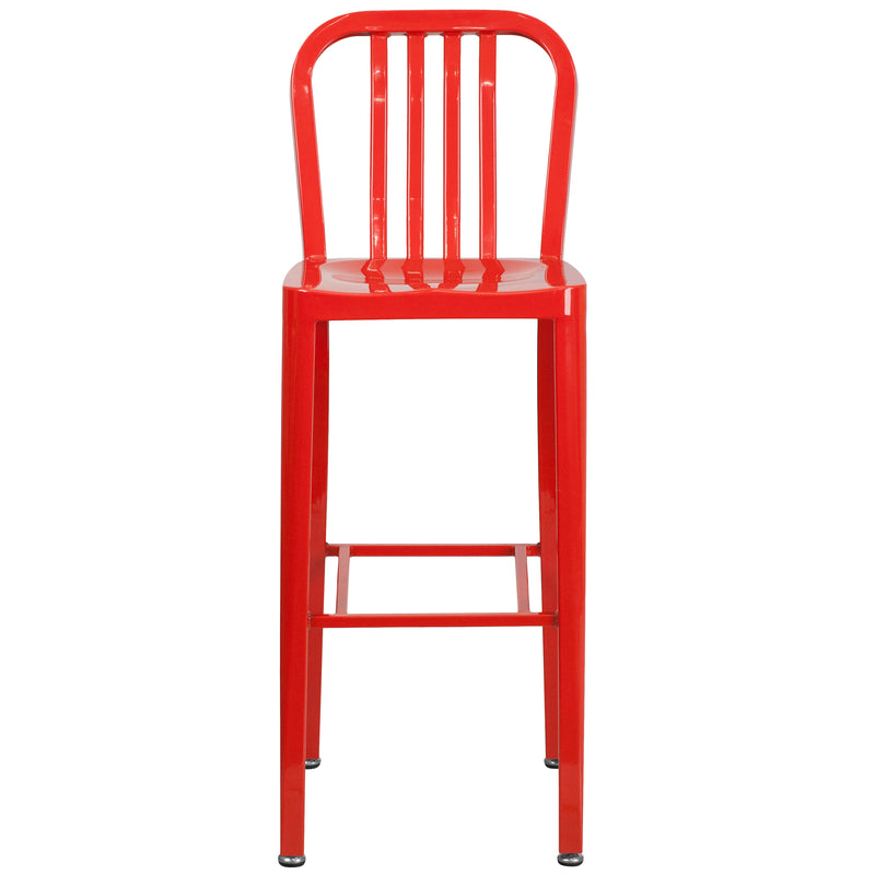 Commercial Grade 30" High Red Metal Indoor-Outdoor Barstool with Vertical Slat Back