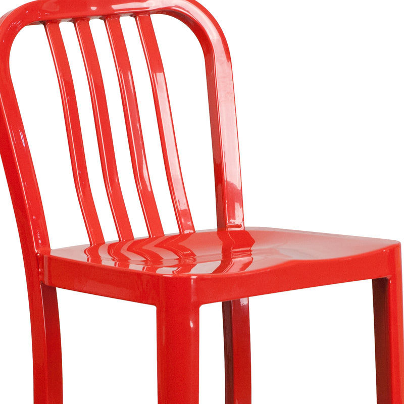 Commercial Grade 30" High Red Metal Indoor-Outdoor Barstool with Vertical Slat Back