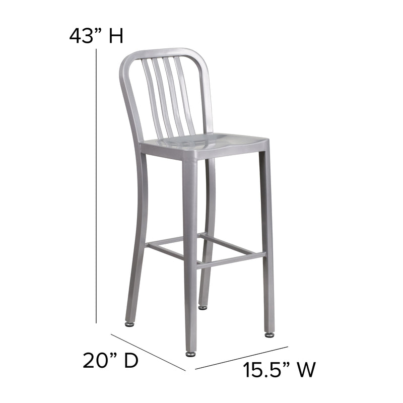 Commercial Grade 30" High Silver Metal Indoor-Outdoor Barstool with Vertical Slat Back