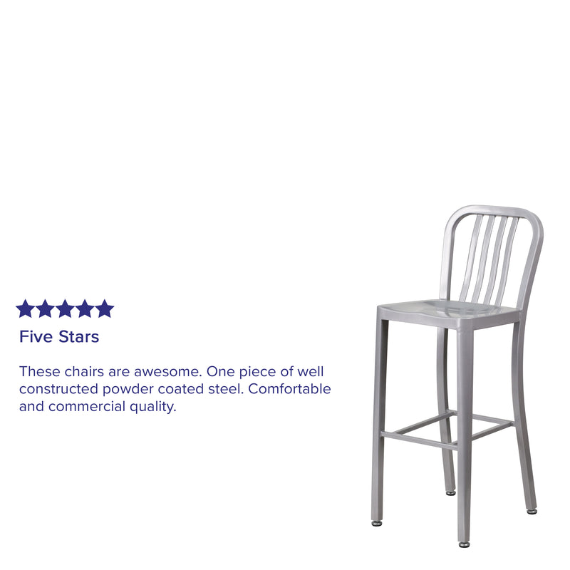 Commercial Grade 30" High Silver Metal Indoor-Outdoor Barstool with Vertical Slat Back