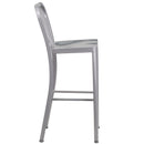 Commercial Grade 30" High Silver Metal Indoor-Outdoor Barstool with Vertical Slat Back