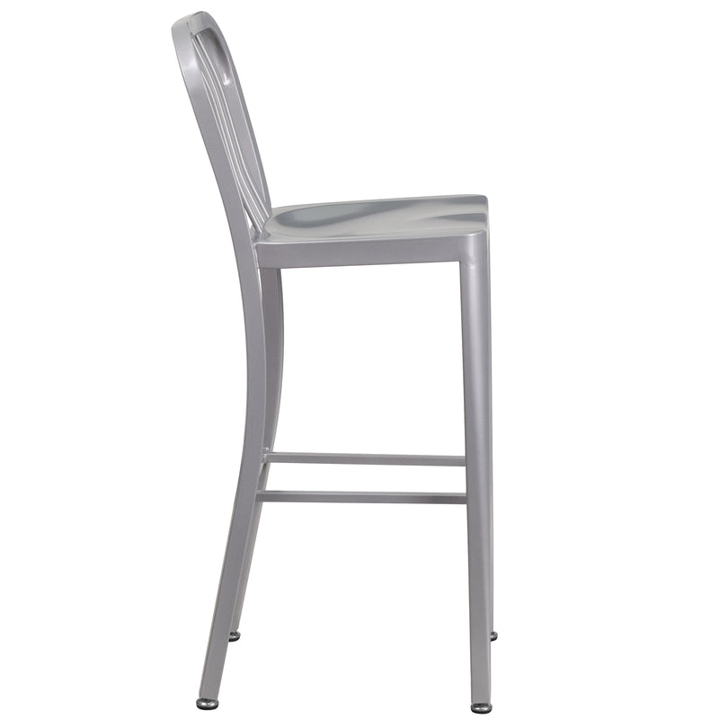 Commercial Grade 30" High Silver Metal Indoor-Outdoor Barstool with Vertical Slat Back