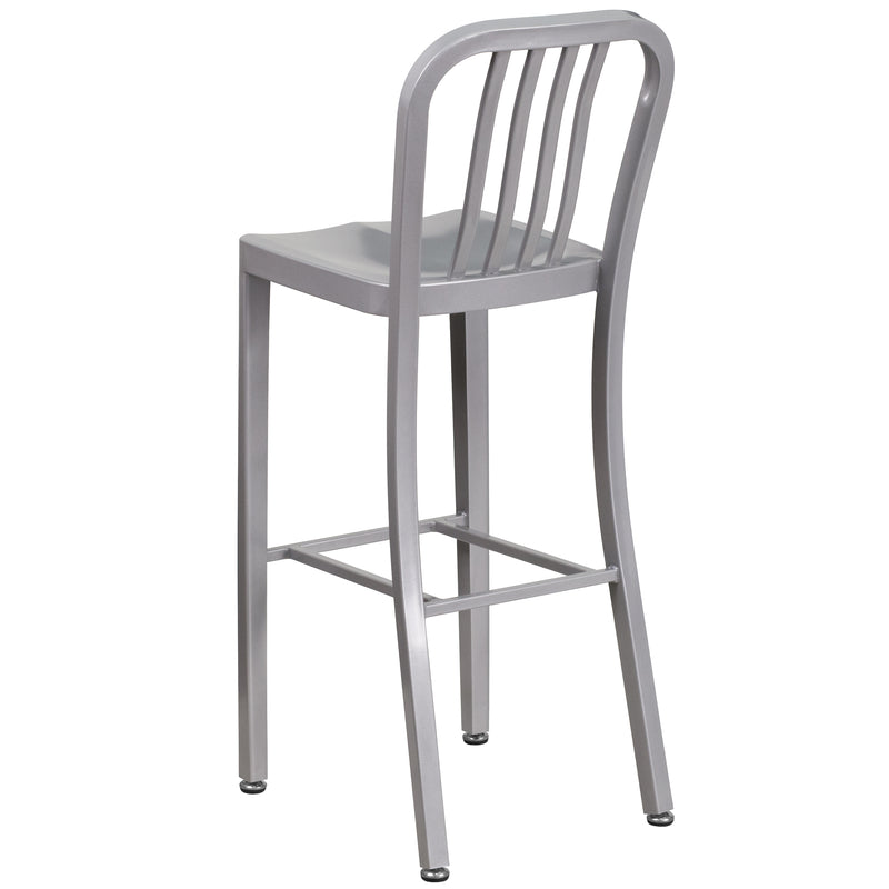 Commercial Grade 30" High Silver Metal Indoor-Outdoor Barstool with Vertical Slat Back