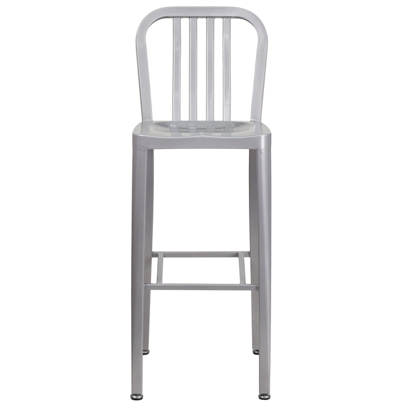 Commercial Grade 30" High Silver Metal Indoor-Outdoor Barstool with Vertical Slat Back