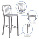 Commercial Grade 30" High Silver Metal Indoor-Outdoor Barstool with Vertical Slat Back