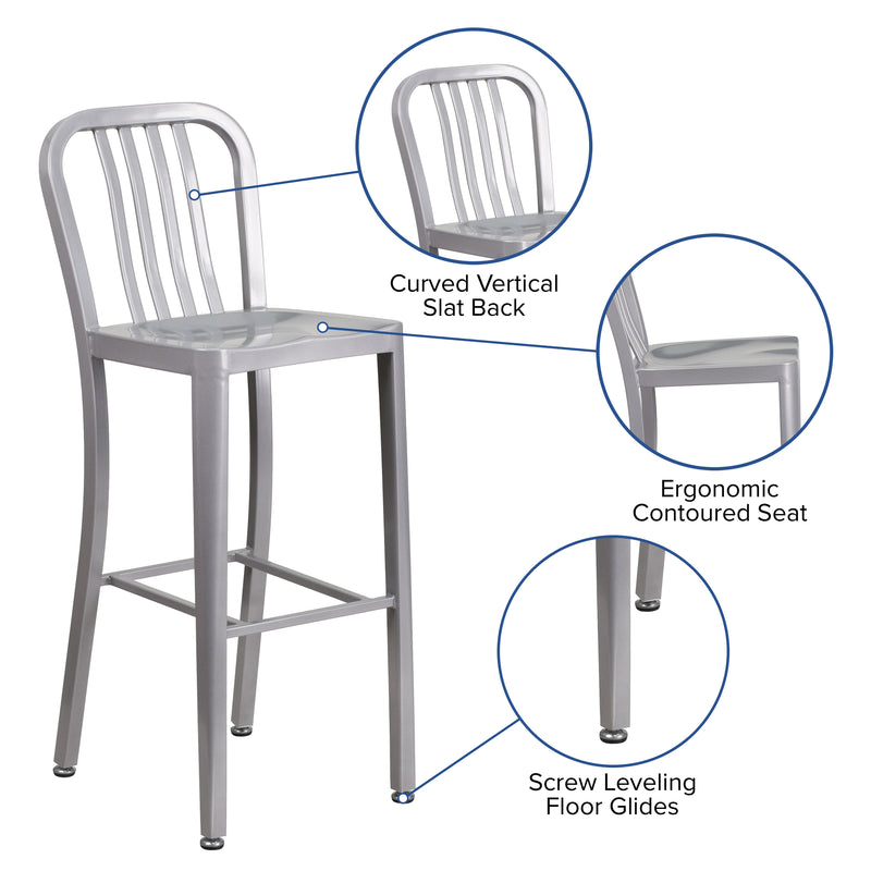 Commercial Grade 30" High Silver Metal Indoor-Outdoor Barstool with Vertical Slat Back