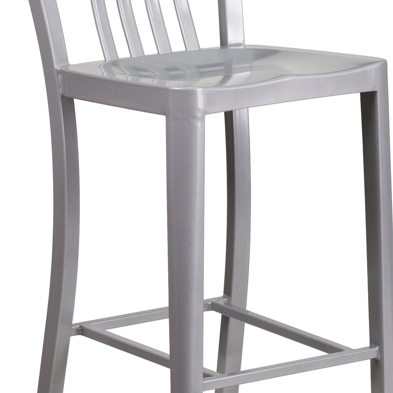 Commercial Grade 30" High Silver Metal Indoor-Outdoor Barstool with Vertical Slat Back