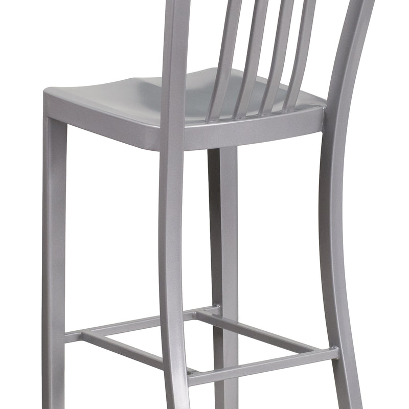 Commercial Grade 30" High Silver Metal Indoor-Outdoor Barstool with Vertical Slat Back