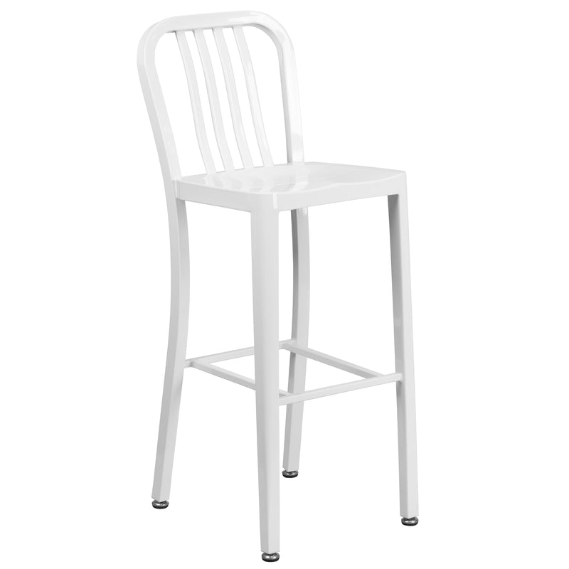 Commercial Grade 30" High White Metal Indoor-Outdoor Barstool with Vertical Slat Back