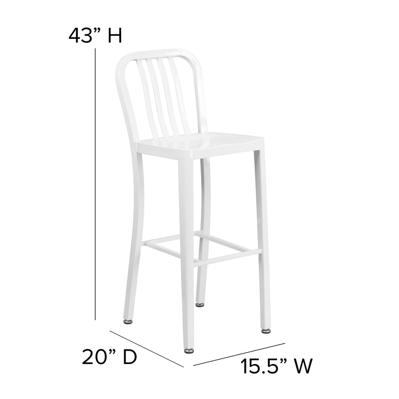 Commercial Grade 30" High White Metal Indoor-Outdoor Barstool with Vertical Slat Back